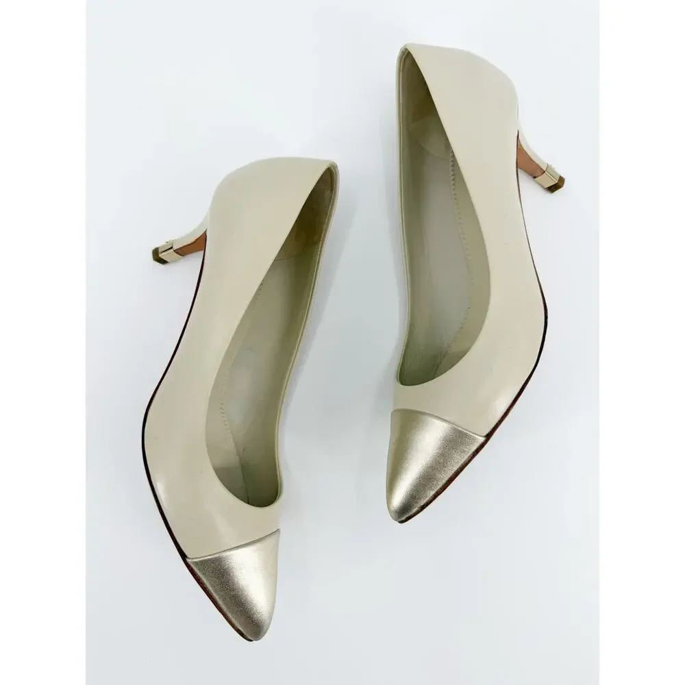 Chanel White Lambskin Leather Gold Cap Pointed Toe Kitten Heels Pumps 41 CC